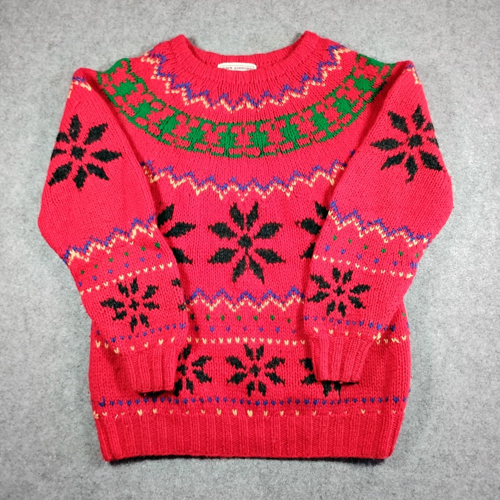 John Ashford Mens Red Shetland Wool Handknitted Fair Isle Snowflake Sweater M